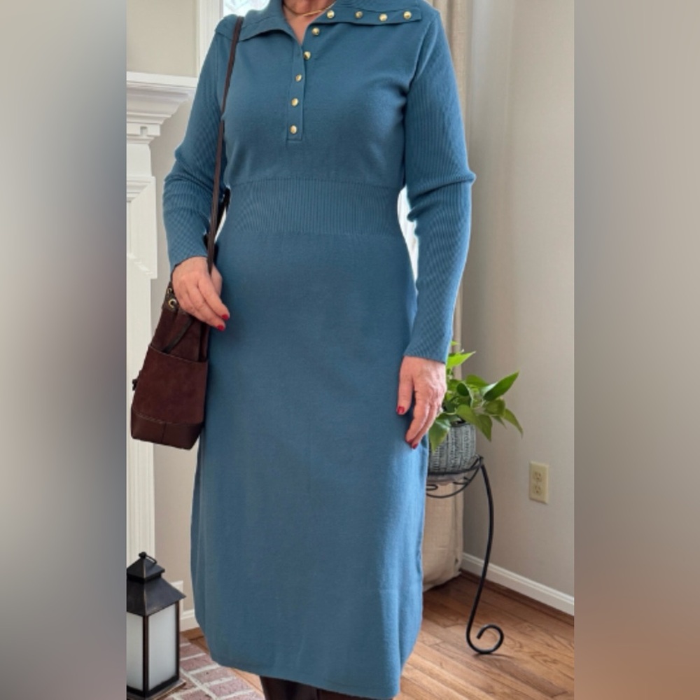 Ann Taylor Teal Long-Sleeve Knit Midi Dress with Shirred Waist Gold Buttons M